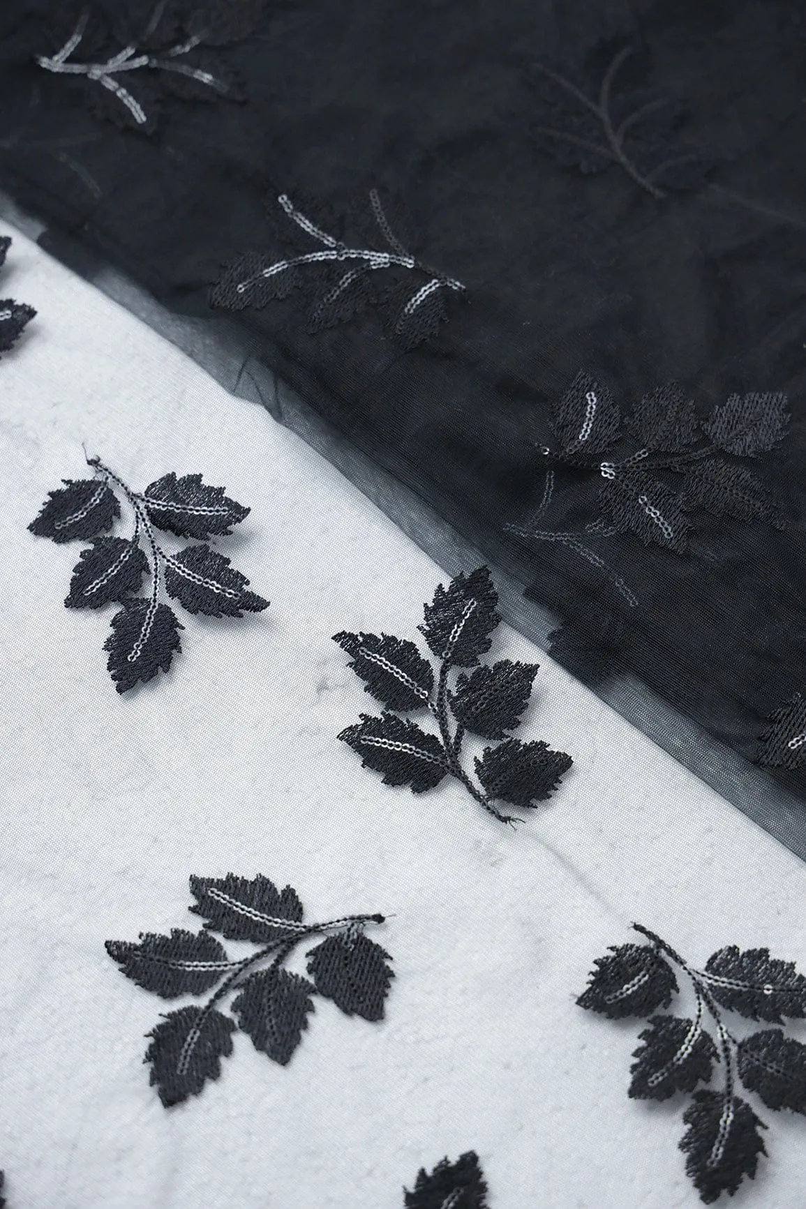 Black Thread With Sequins Leafy Embroidery Work On Black Soft Net Fabric