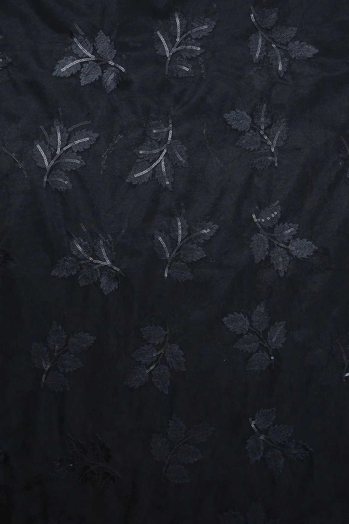 Black Thread With Sequins Leafy Embroidery Work On Black Soft Net Fabric