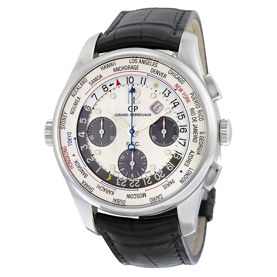 Girard Perregaux World Timer WW TC Chronograph Silver Dial Black Leather Men's Watch 49805-11-152-BA6A