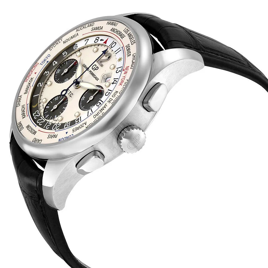 Girard Perregaux World Timer WW TC Chronograph Silver Dial Black Leather Men's Watch 49805-11-152-BA6A
