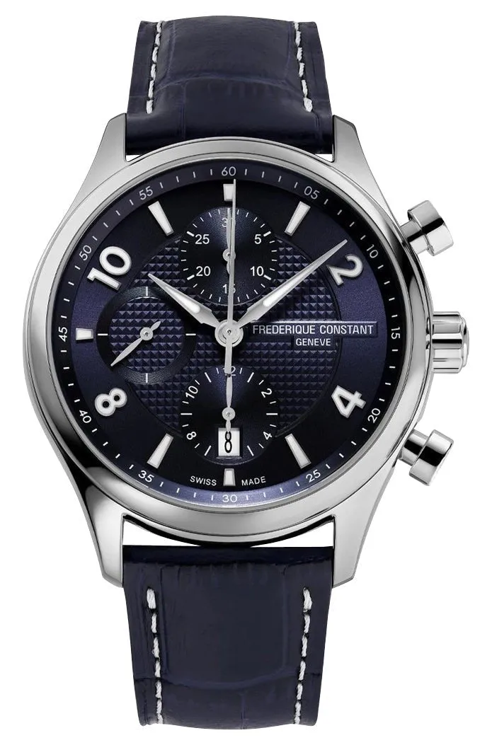 Limited Edition Frederique Constant Classics Runabout RHS Automatic Chronograph Stainless Steel Blue Dial Blue Leather Strap Date Mens Watch FC-392RMN5B6
