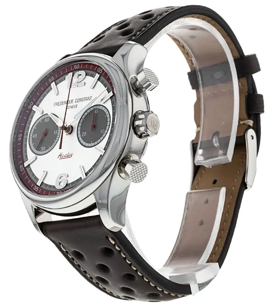 Limited Edition Frederique Constant Vintage Rally Healey Chronograph Automatic Stainless Steel Silver Dial Gray Leather Strap Mens Watch FC-397HSG5B6