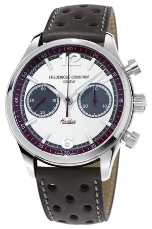 Limited Edition Frederique Constant Vintage Rally Healey Chronograph Automatic Stainless Steel Silver Dial Gray Leather Strap Mens Watch FC-397HSG5B6