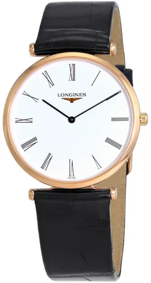Longines La Grande Classique Rose Gold PVD White Dial Black Leather Strap Quartz Mens Watch L4.709.1.91.2