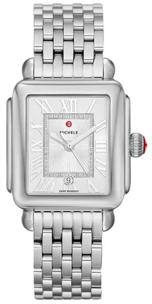 Michele Deco Madison Date Stainless Steel Diamonds Rectangle Silver Dial Womens Watch MWW06T000141