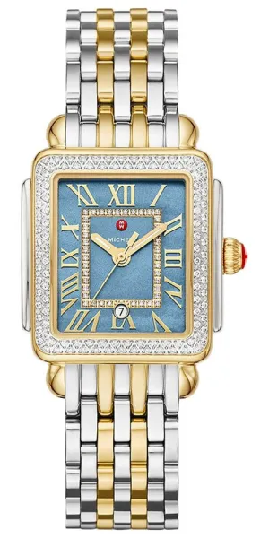 Michele Deco Madison Mid Two-Tone Steel Diamonds Blue Mother-of-Pearl Dial Rectangle Womens Watch MWW06G000036
