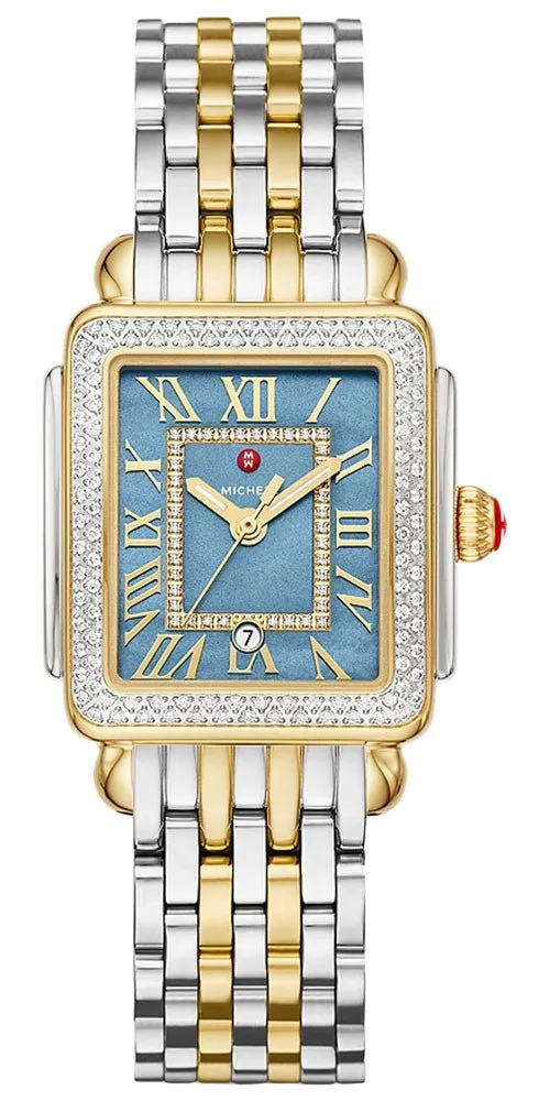 Michele Deco Madison Mid Two-Tone Steel Diamonds Blue Mother-of-Pearl Dial Rectangle Womens Watch MWW06G000036