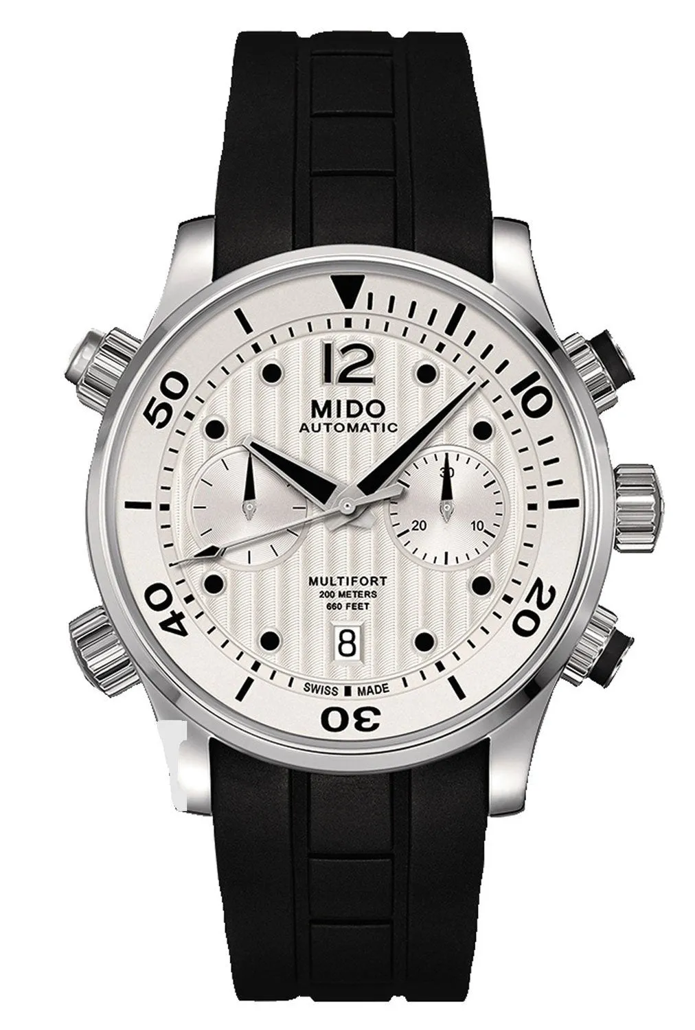 Mido Multifort Automatic Chronograph Black Rubber Strap Silver Dial Date Diver's Mens Watch M005.914.17.030.00