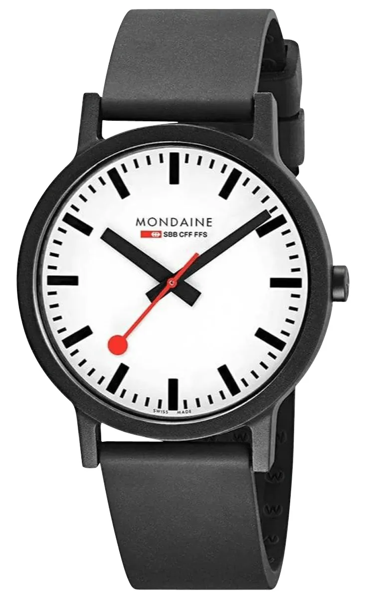 Mondaine Essence Renewable Material White Dial Black Rubber Strap Quartz Mens Watch MS1.41110.RB