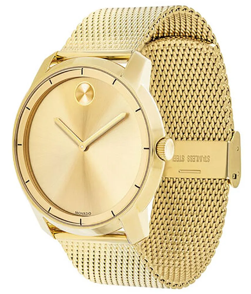 Movado Bold Gold-Tone Stainless Steel Gold Dial Mesh Band Quartz Mens Watch 3600373