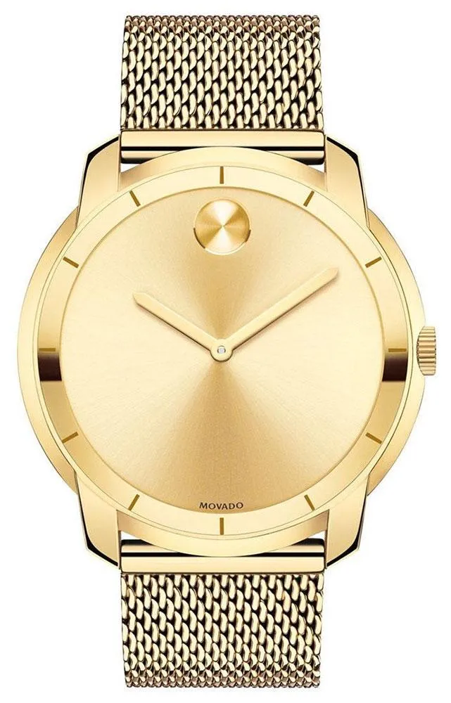 Movado Bold Gold-Tone Stainless Steel Gold Dial Mesh Band Quartz Mens Watch 3600373