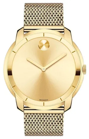 Movado Bold Gold-Tone Stainless Steel Gold Dial Mesh Band Quartz Mens Watch 3600373