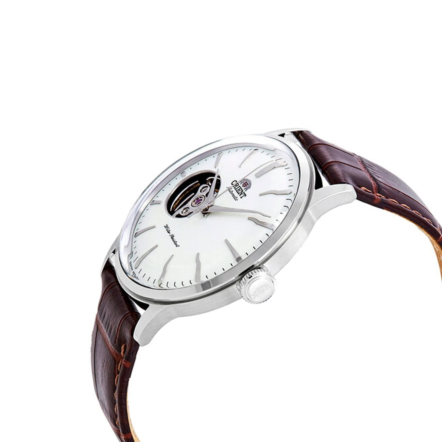 Orient Contemporary Classic Automatic Open Heart White Dial Brown Leather Strap Mens Watch RA-AG0002S10B
