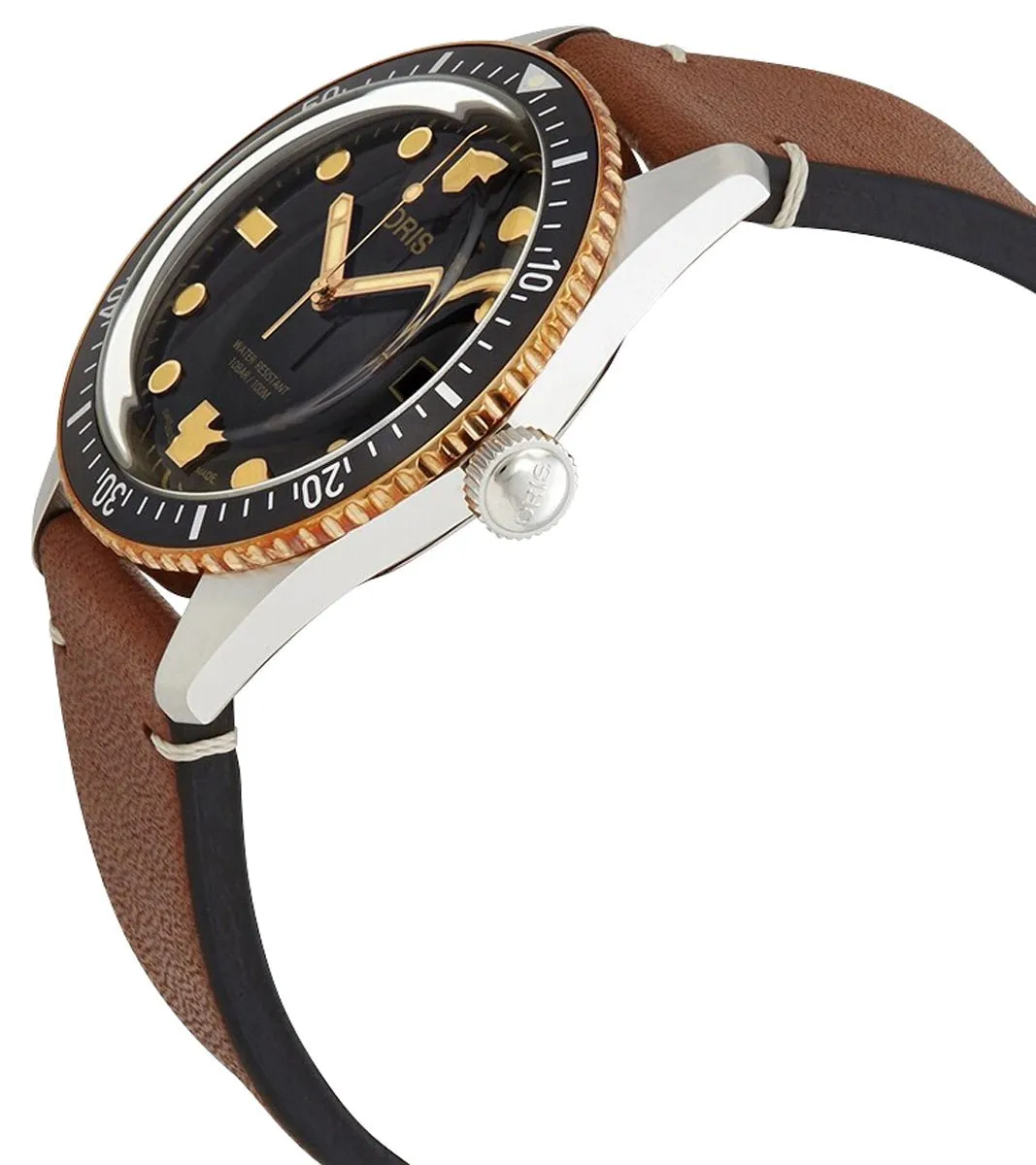 Oris Divers Sixty-Five Automatic Stainless Steel & Bronze Black Dial Brown Leather Strap Date Mens Watch 733 7720 4354-07 5 21 45