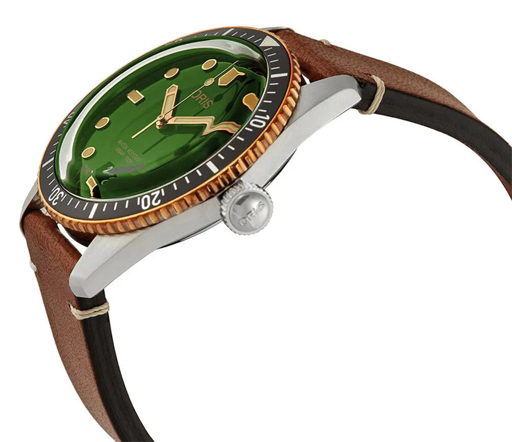 Oris Divers Sixty-Five Automatic Stainless Steel & Bronze Green Dial Brown Leather Strap Date Mens Watch 733 7707 4357-07 5 20 45