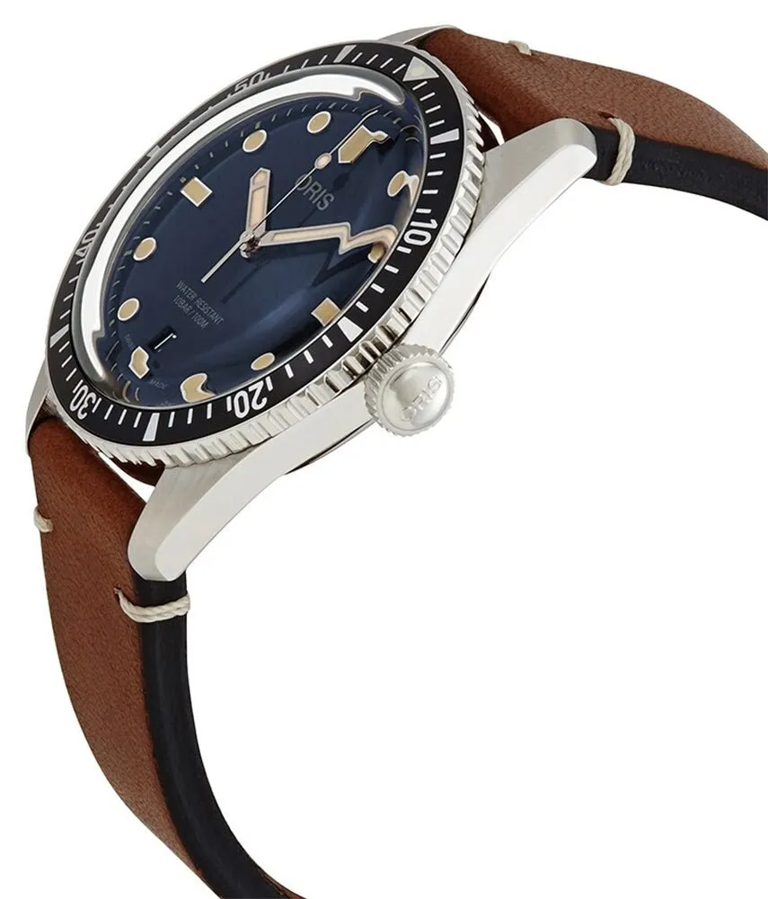 Oris Divers Sixty-Five Automatic Stainless Steel Blue Dial Brown Leather Strap Date Mens Watch 733 7707 4055-07 5 20 45