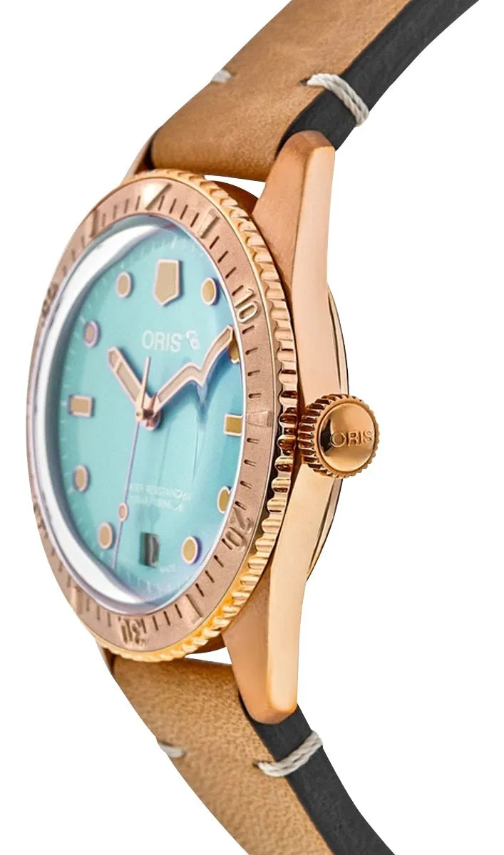 Oris Divers Sixty-Five Cotton Candy Automatic Bronze Blue Dial Brown Leather Strap Date Unisex Watch 733 7771 3155-07 5 19 04BR