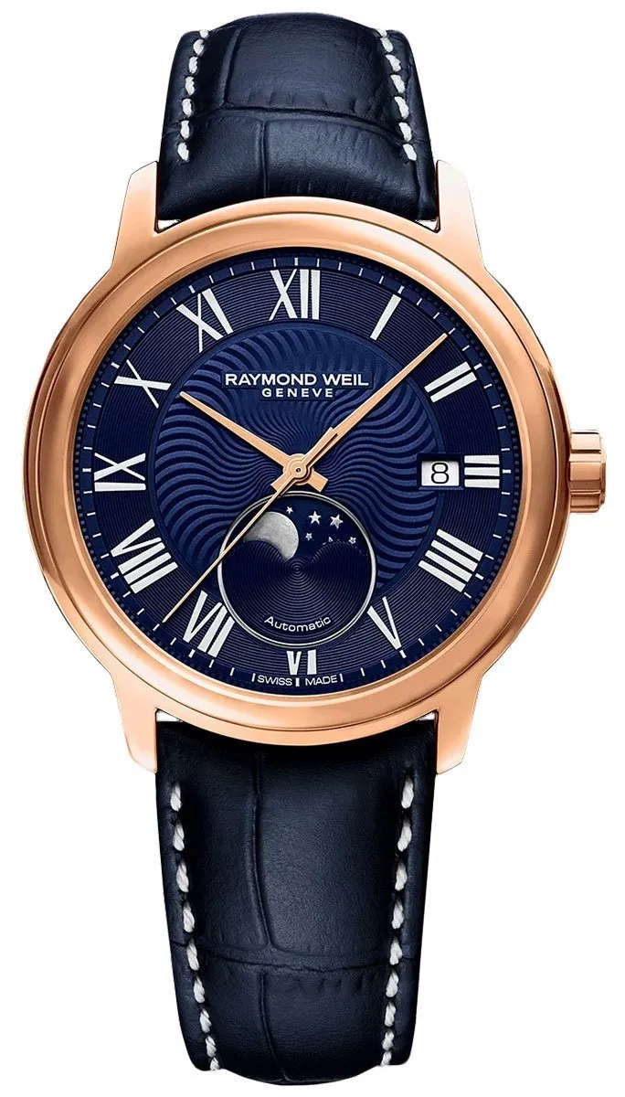 Raymond Weil Maestro Automatic Rose Gold PVD Blue Leather Strap Blue Dial Moonphase Date Mens Watch 2239-PC5-00509