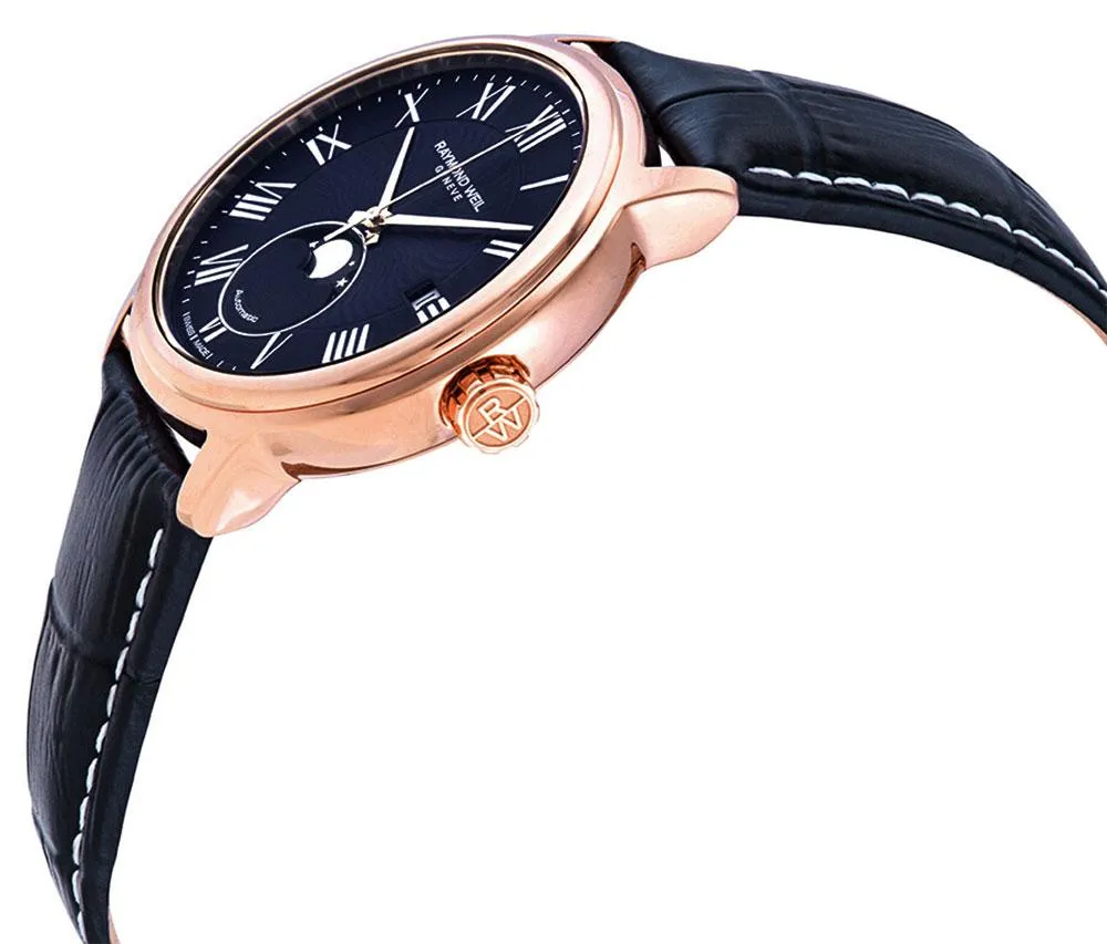 Raymond Weil Maestro Automatic Rose Gold PVD Blue Leather Strap Blue Dial Moonphase Date Mens Watch 2239-PC5-00509