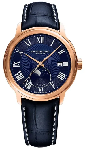 Raymond Weil Maestro Automatic Rose Gold PVD Blue Leather Strap Blue Dial Moonphase Date Mens Watch 2239-PC5-00509