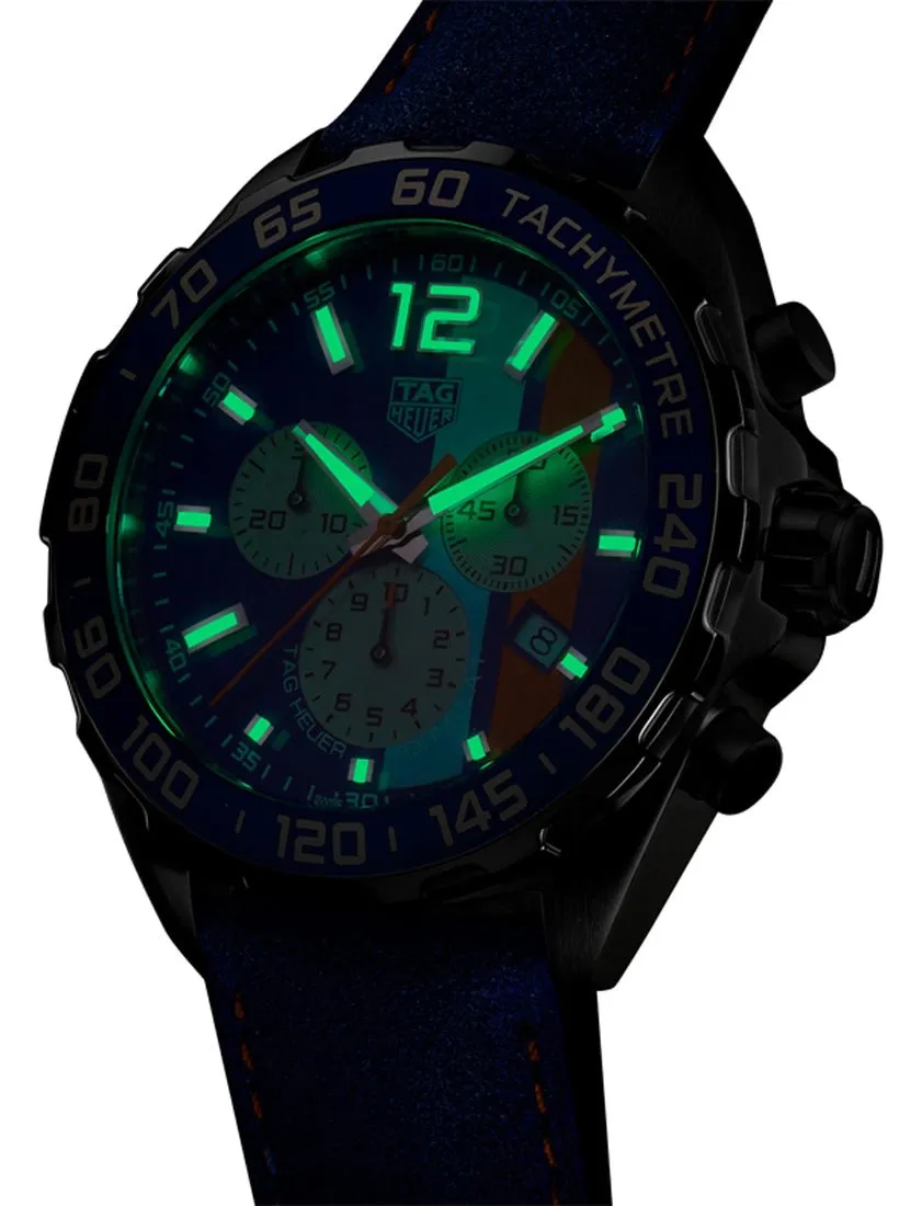 Special Edition TAG Heuer Formula 1 x Gulf Chronograph Stainless Steel Blue Dial Blue Leather Strap Date Divers Quartz Mens Watch CAZ101N.FC8243