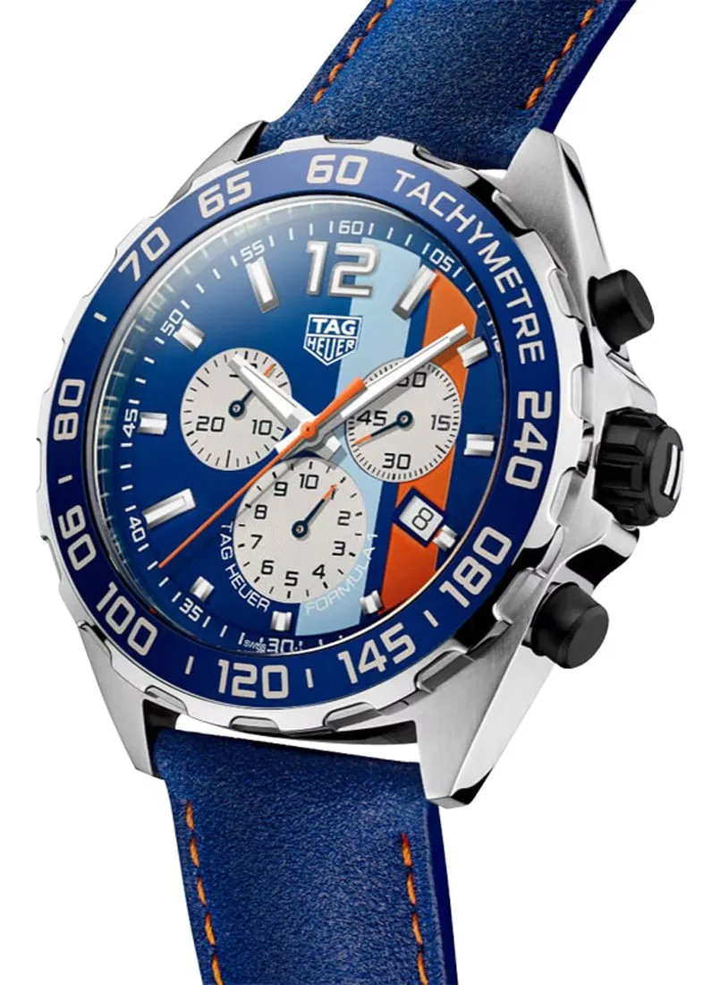 Special Edition TAG Heuer Formula 1 x Gulf Chronograph Stainless Steel Blue Dial Blue Leather Strap Date Divers Quartz Mens Watch CAZ101N.FC8243