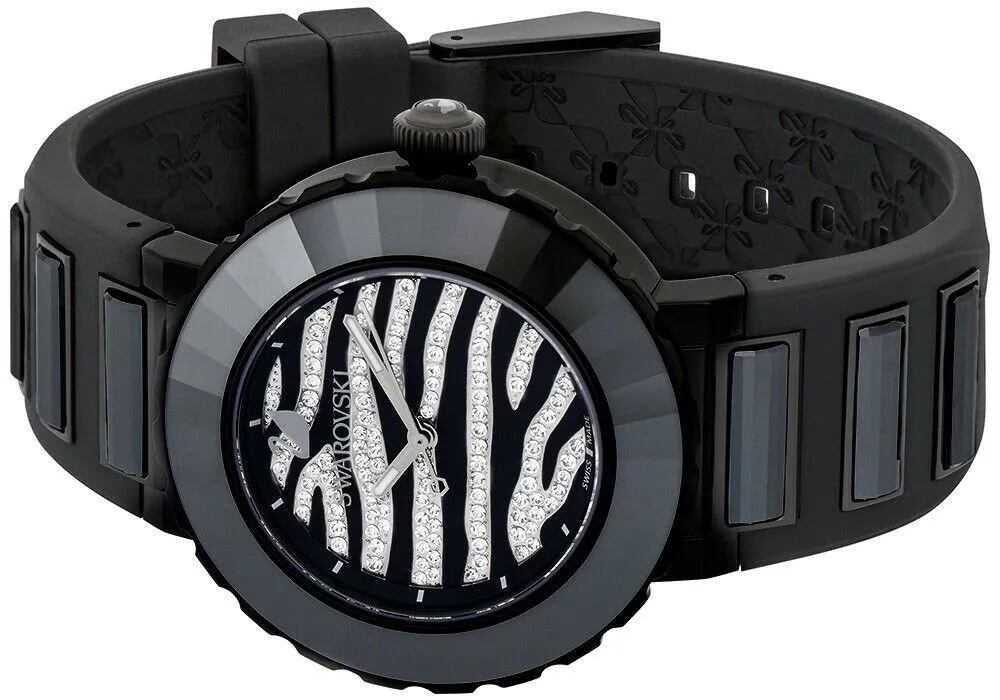 Swarovski New Octea Sport Crystal Zebra Pattern Dial Black Rubber Strap Womens Watch 5040563
