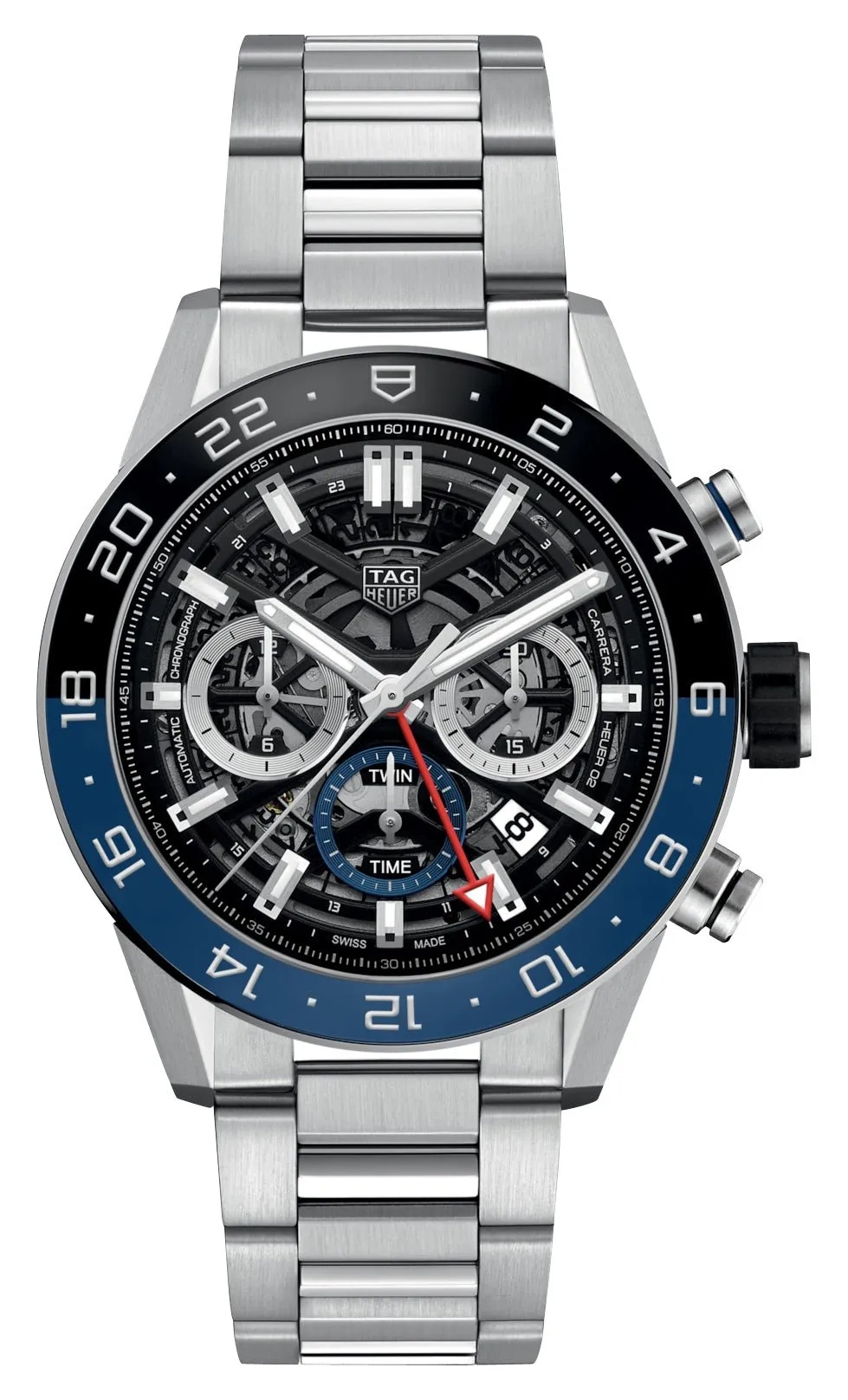 TAG Heuer Carrera Automatic GMT Chronograph Stainless Steel Black Skeleton Dial Date Mens Watch CBG2A1Z.BA0658