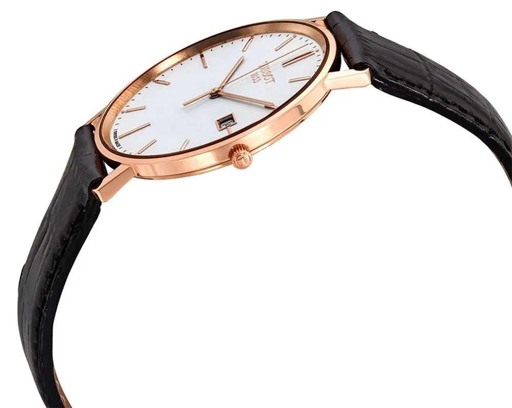 Tissot T-Gold Goldrun 18K Rose Gold White Dial Black Leather Strap Date Quartz Mens Watch T9224107601100
