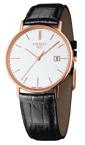 Tissot T-Gold Goldrun 18K Rose Gold White Dial Black Leather Strap Date Quartz Mens Watch T9224107601100