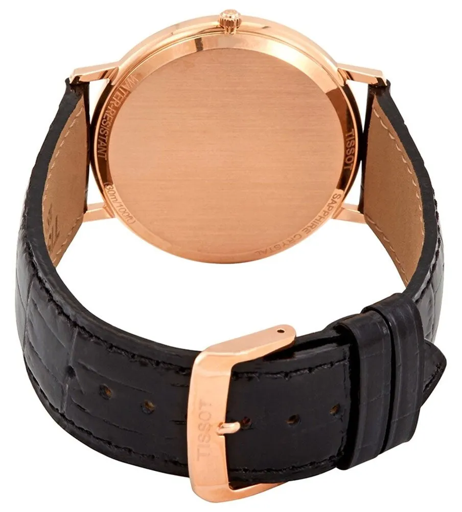 Tissot T-Gold Goldrun 18K Rose Gold White Dial Black Leather Strap Date Quartz Mens Watch T9224107601100