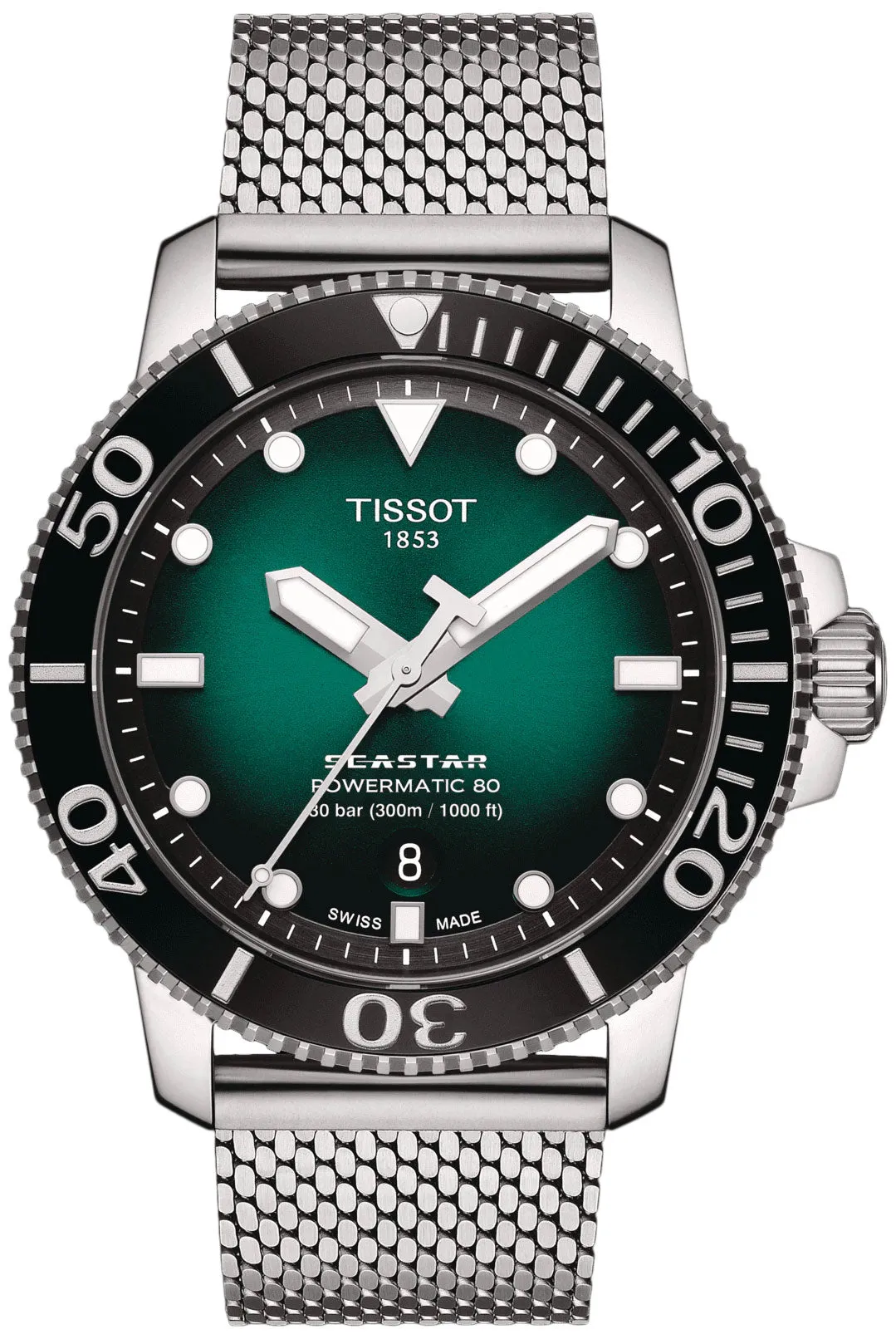 Tissot T-Sport Seastar 1000 Automatic Powermatic 80 Green Dial Stainless Steel Mesh Mens Watch T120.407.11.091.00
