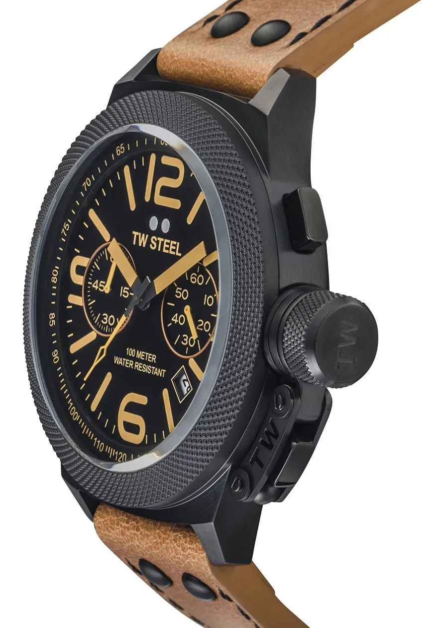 TW Steel Canteen Chronograph Black PVD Black Dial Brown Leather Strap Date Quartz Mens Watch CS43