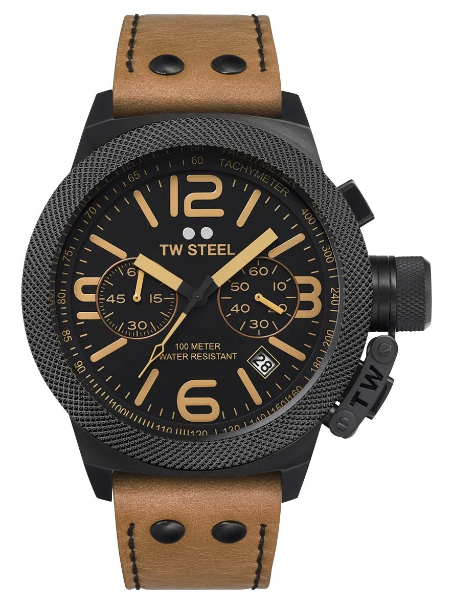 TW Steel Canteen Chronograph Black PVD Black Dial Brown Leather Strap Date Quartz Mens Watch CS43
