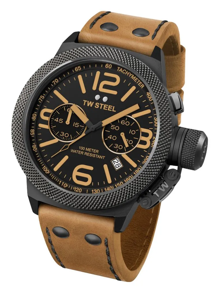 TW Steel Canteen Chronograph Black PVD Black Dial Brown Leather Strap Date Quartz Mens Watch CS43
