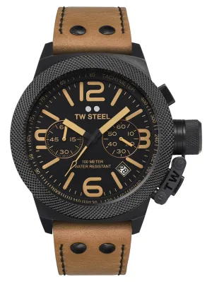 TW Steel Canteen Chronograph Black PVD Black Dial Brown Leather Strap Date Quartz Mens Watch CS43