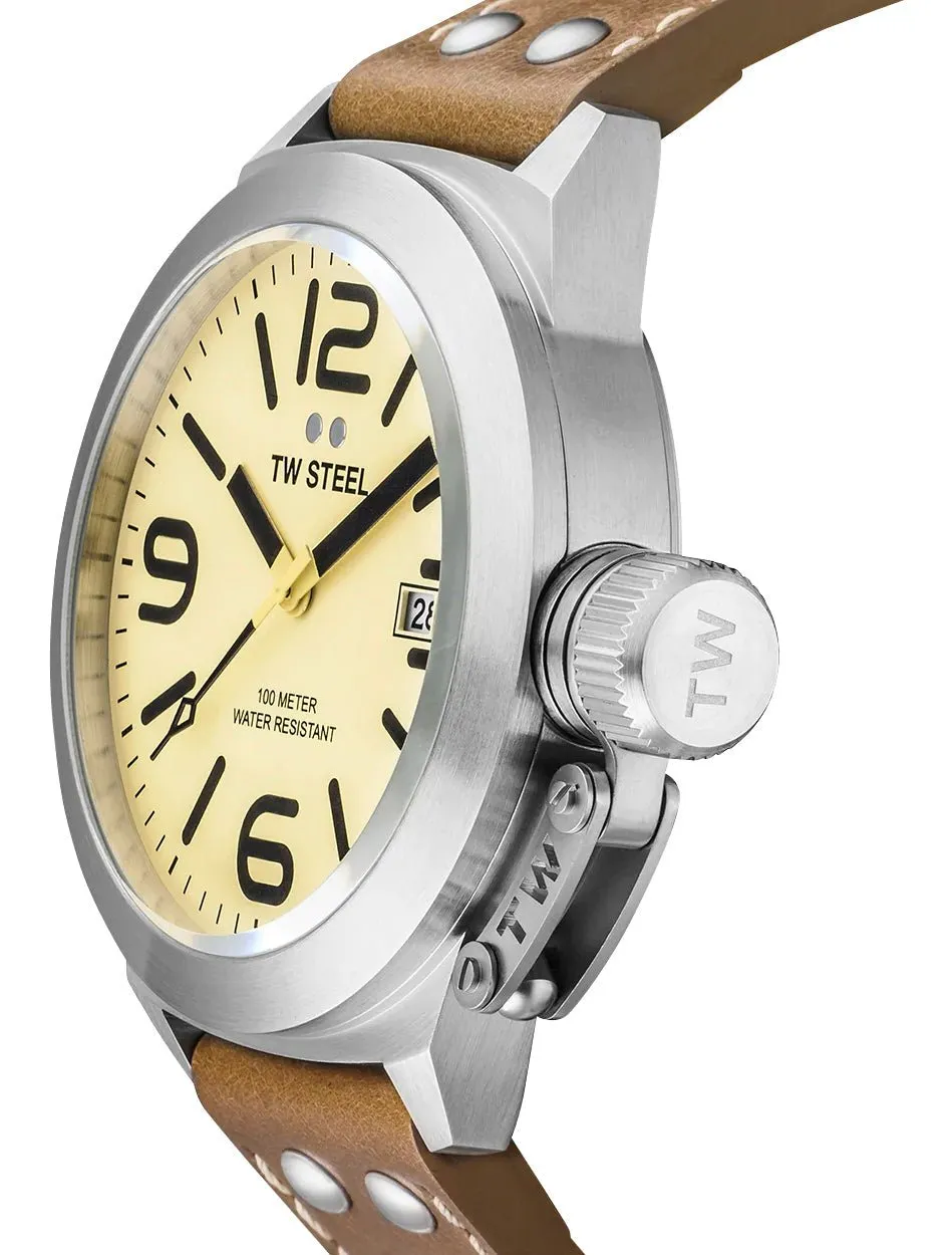 TW Steel Canteen Stainless Steel Cream Dial Brown Leather Strap Date Quartz Mens Watch CS12