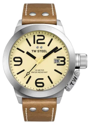 TW Steel Canteen Stainless Steel Cream Dial Brown Leather Strap Date Quartz Mens Watch CS12