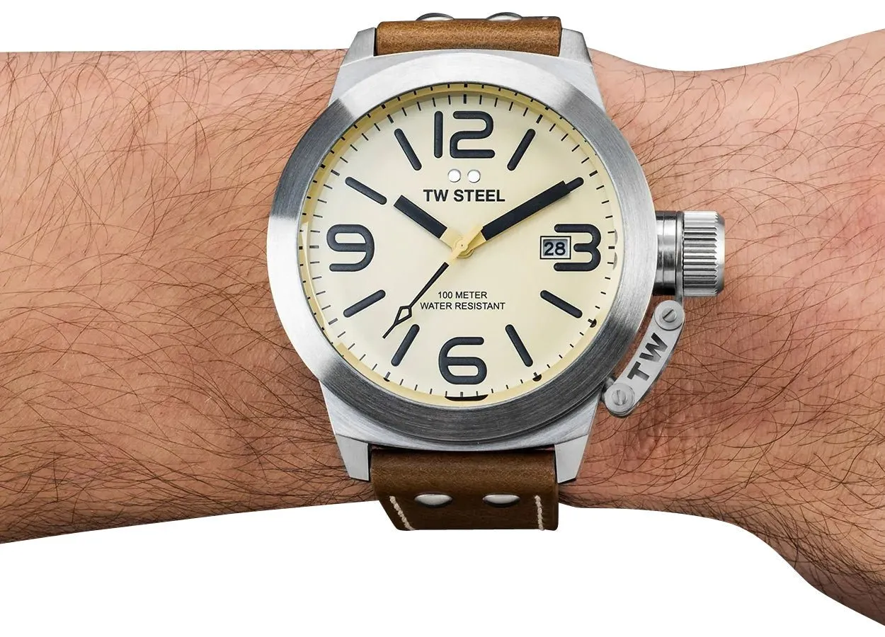 TW Steel Canteen Stainless Steel Cream Dial Brown Leather Strap Date Quartz Mens Watch CS12