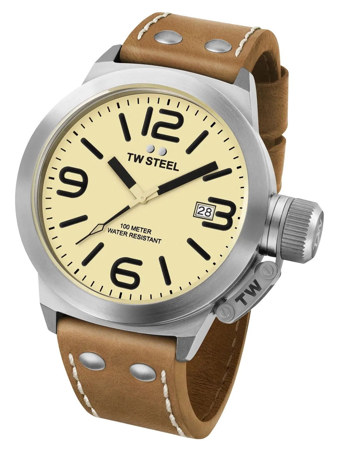 TW Steel Canteen Stainless Steel Cream Dial Brown Leather Strap Date Quartz Mens Watch CS12