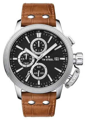 TW Steel Ceo Adesso Chronograph Stainless Steel Caramel Leather Strap Black Dial Quartz Date Mens Watch CE7004