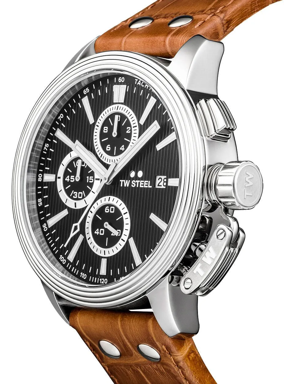 TW Steel Ceo Adesso Chronograph Stainless Steel Caramel Leather Strap Black Dial Quartz Date Mens Watch CE7004