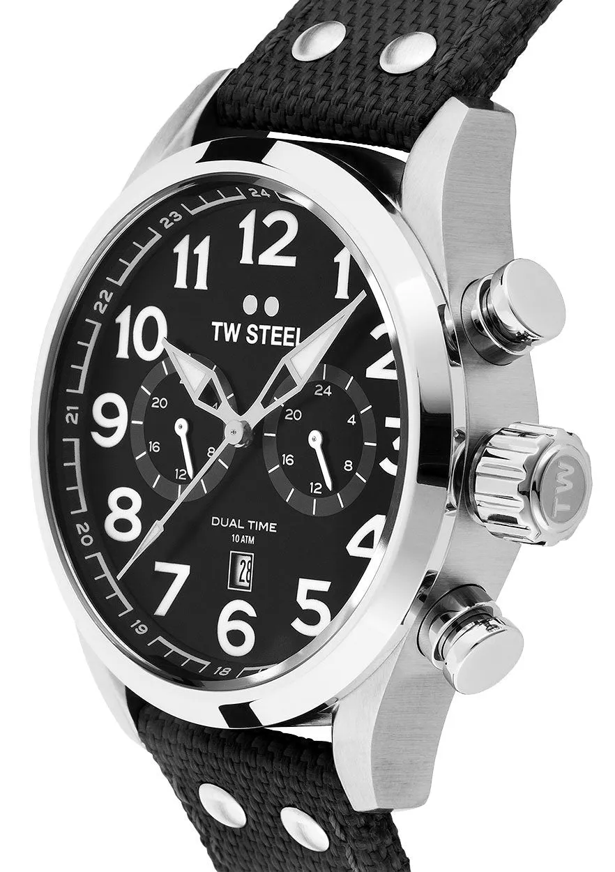 TW Steel Volante Dual Time Stainless Steel Black Textile Strap Black Dial Quartz Date Mens Watch VS7