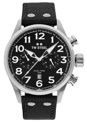 TW Steel Volante Dual Time Stainless Steel Black Textile Strap Black Dial Quartz Date Mens Watch VS7