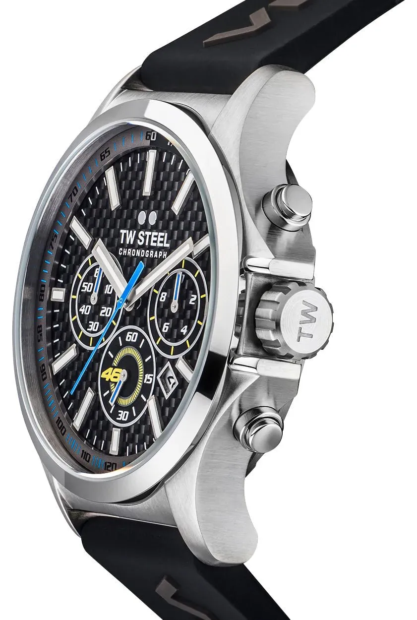 TW Steel VR46 Pilot Special Edition Chronograph Stainless Steel Black Dial Black Silicon Strap Date Quartz Mens Watch TW939