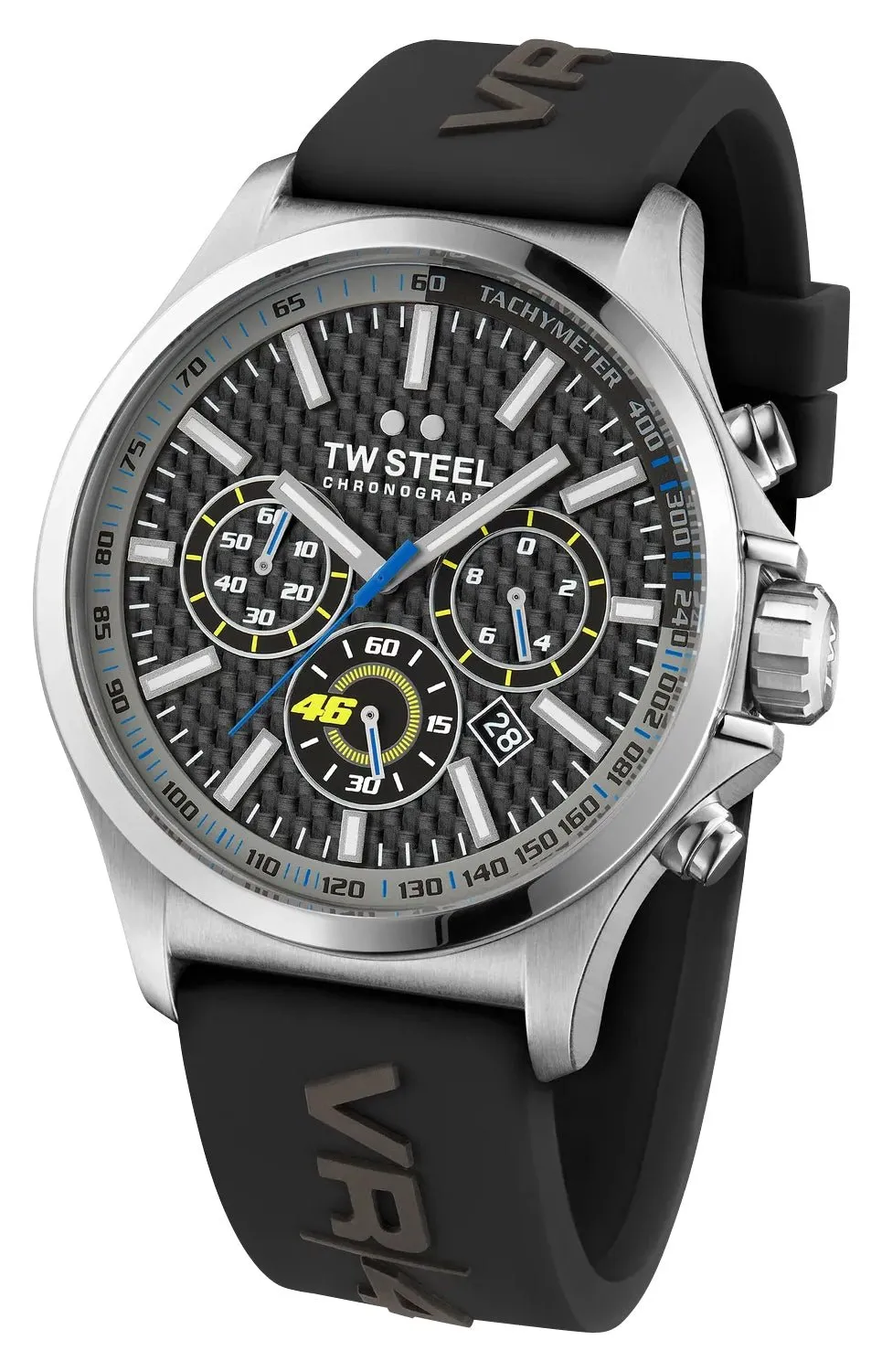 TW Steel VR46 Pilot Special Edition Chronograph Stainless Steel Black Dial Black Silicon Strap Date Quartz Mens Watch TW939