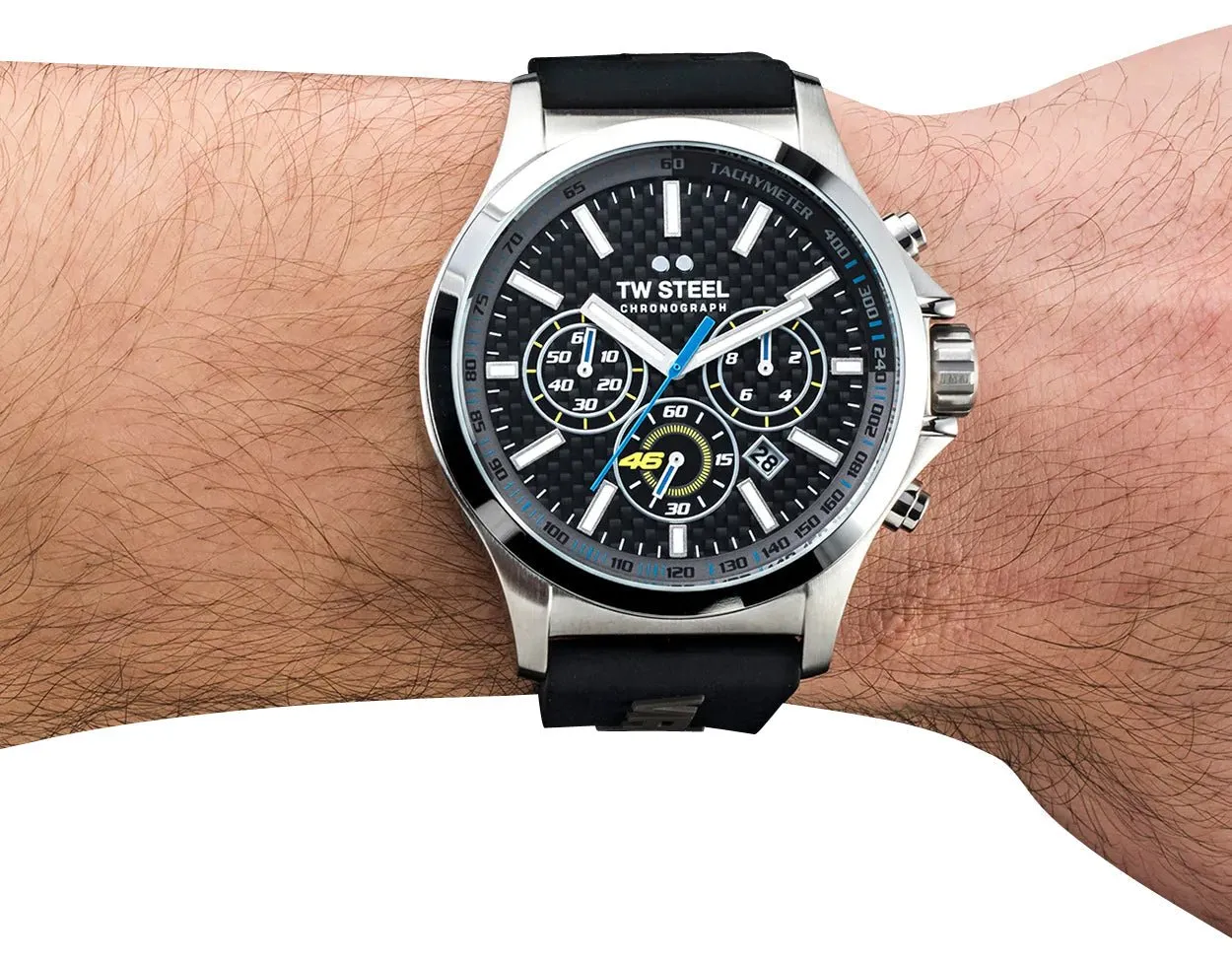 TW Steel VR46 Pilot Special Edition Chronograph Stainless Steel Black Dial Black Silicon Strap Date Quartz Mens Watch TW939