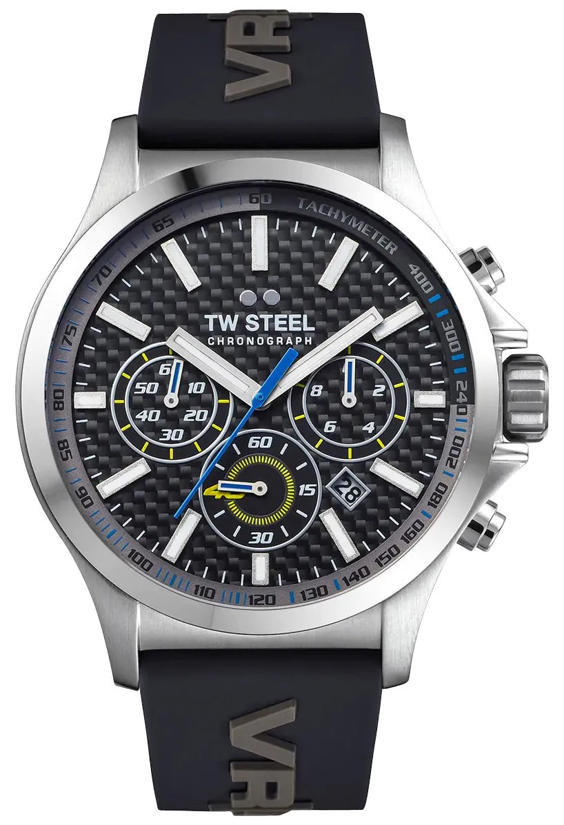 TW Steel VR46 Pilot Special Edition Chronograph Stainless Steel Black Dial Black Silicon Strap Date Quartz Mens Watch TW939
