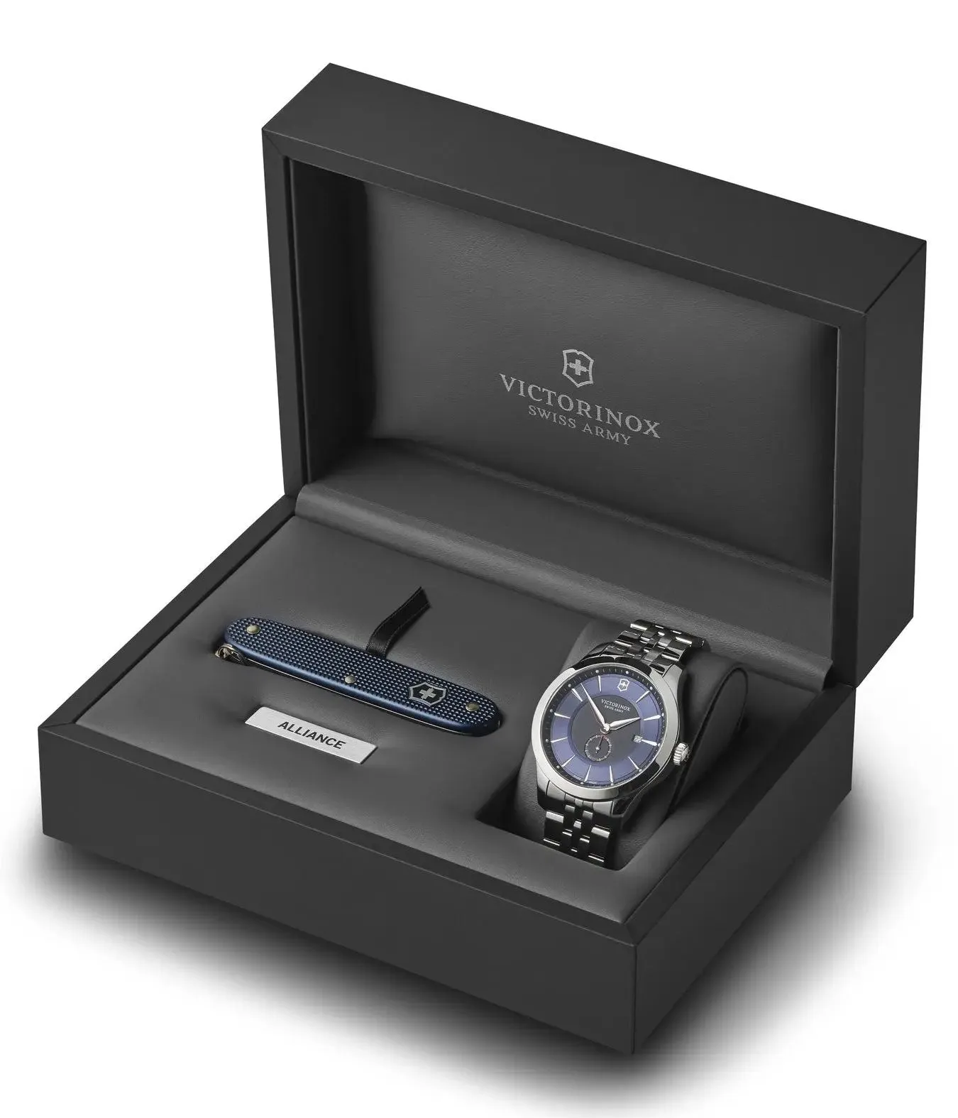 Victorinox Swiss Army Alliance Stainless Steel Blue and Black Dial Date Mens Watch with Pioneer Knife 241763.1