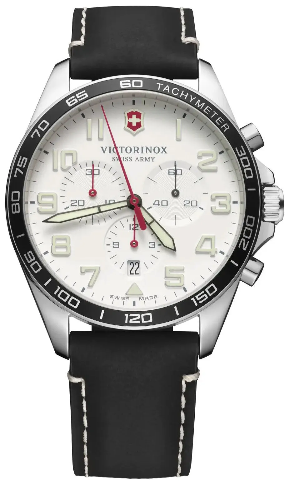 Victorinox Swiss Army FieldForce Chronograph Stainless Steel Black Leather White Dial Date Mens Watch 241853
